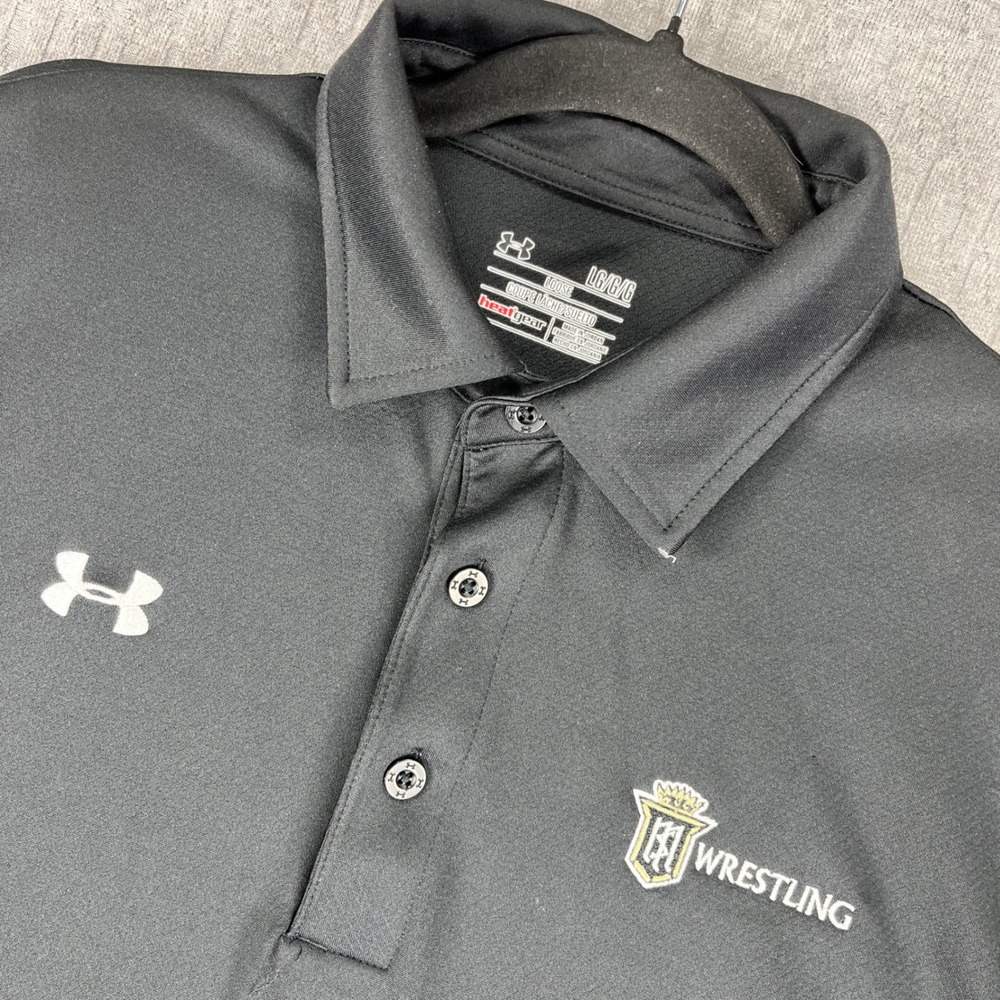 Under Armour Polo Shirt Mens LG Black HeatGear Wrestling Team Logo Short Sleeve‎